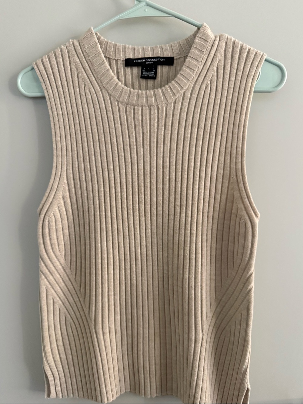 French Connection Beige Ribbed Knit Sleeveless Top
